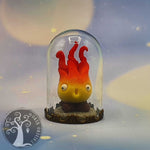 Calcifer (glow  in the dark) nella campana di vetro, miniatura in fimo